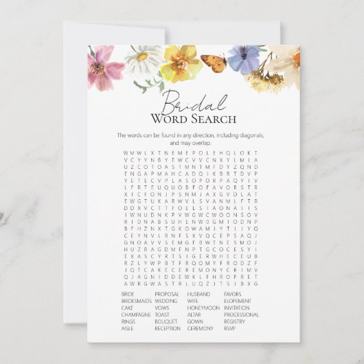 ワイルドフラワーブライダルシャワー単語検索ゲームカード 招待状 (正面)