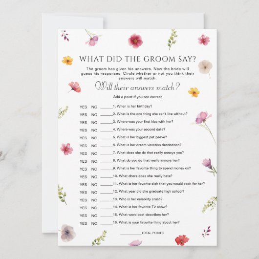 ワイルドフラワーブライダルシャワー彼が何と言ったかゲームカード 招待状 (正面)
