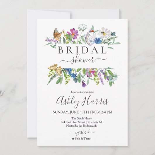 ワイルドフラワーブライダルシャワー招待、蝶の入り 招待状 (正面)