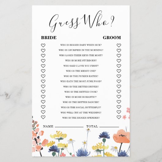 ワイルドフラワーブライダルシャワー誰がゲームを推測 チラシ (正面)
