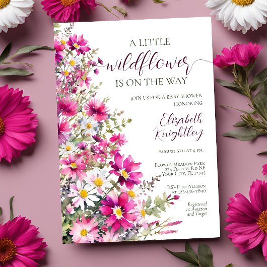 ワイルドフラワーブライトピンクフローラガールベビーシャワー 招待状