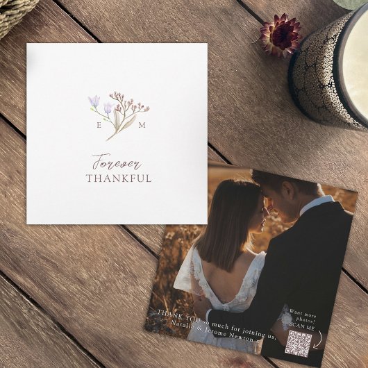 ワイルドフラワーブラウン秋の結婚式写真QRコードリンク サンキューカード