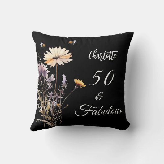 ワイルドフラワーブラックイエロー50素晴らしい誕生日 クッション (裏面)