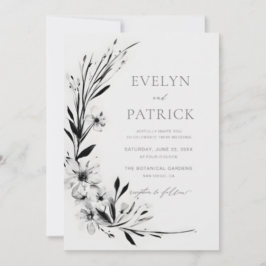 ワイルドフラワーブラックモダンロマンチックなエレガントな結婚式 招待状 (正面)