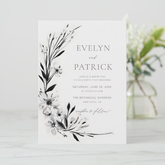 ワイルドフラワーブラックモダンロマンチックなエレガントな結婚式 招待状 (スタンド正面)