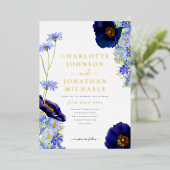 ワイルドフラワーブルーと素朴金ゴールド結婚ズ 箔招待状 (立ち正面)