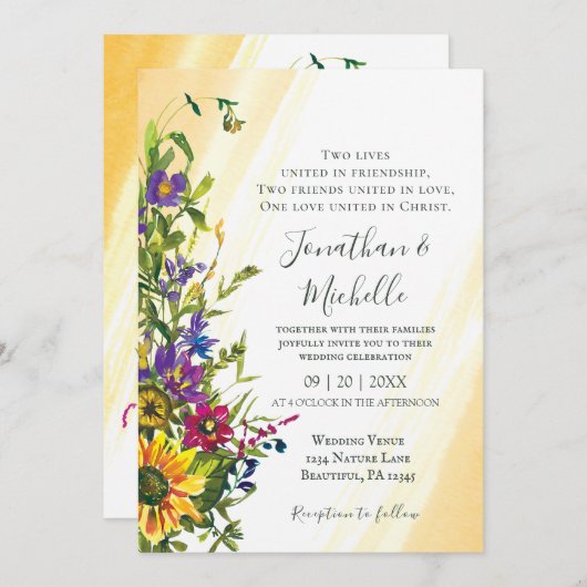 ワイルドフラワーブルーイエローピンククリスチャン結婚ズ 招待状 (正面/裏面)