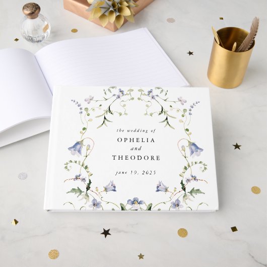 ワイルドフラワーブルーウォーター結婚カラーズモノグラム ゲストブック (正面見開き)