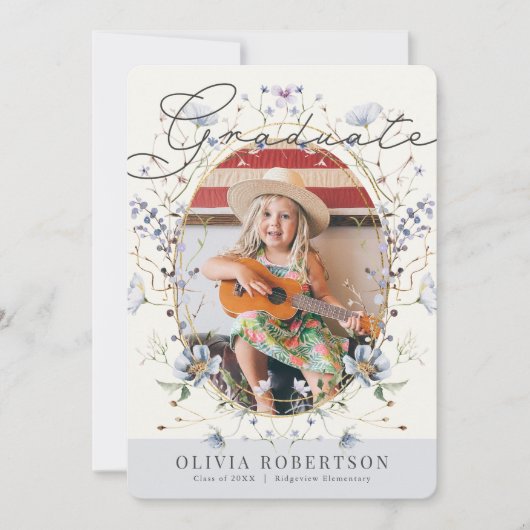 ワイルドフラワーブルーフローラガール写真卒業 招待状 (正面)