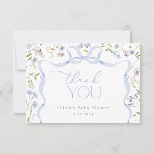 ワイルドフラワーブルーボウフレーム赤ちゃんシャワーありがとう サンキューカード (正面)