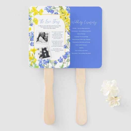 ワイルドフラワーブルー黄水色結婚式プログラム ハンドファン (正面&裏面)