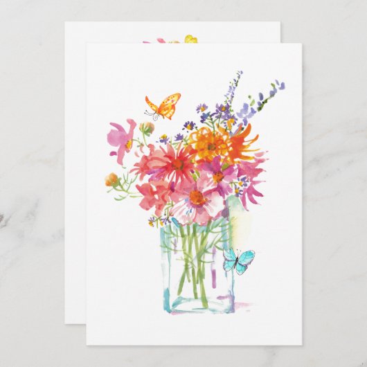 ワイルドフラワーブーケウォーターカラーフラットカード 招待状 (正面/裏面)