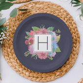 ワイルドフラワーブーケネイビーモノグラム ペーパープレート