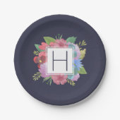 ワイルドフラワーブーケネイビーモノグラム ペーパープレート (正面)