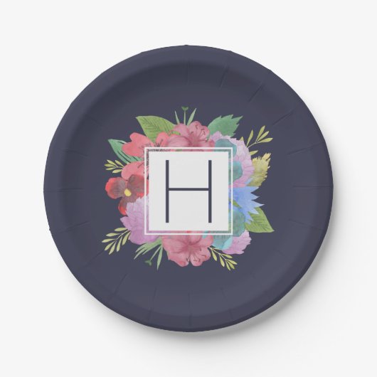 ワイルドフラワーブーケネイビーモノグラム ペーパープレート (正面)