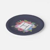 ワイルドフラワーブーケネイビーモノグラム ペーパープレート (アングル)