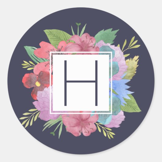 ワイルドフラワーブーケネイビーモノグラム ラウンドシール (正面)