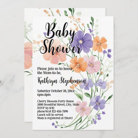 ワイルドフラワーブーケ春フローラガールベビーシャワー 招待状 (正面/裏面)