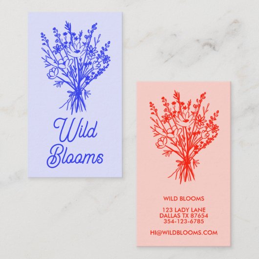 ワイルドフラワーブーケ素朴ミニマルフローラブルーレッド 名刺 (正面/裏面)