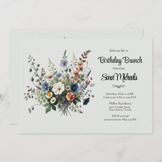 ワイルドフラワーブーケ誕生日ブランチ招待状 招待状 (正面/裏面)