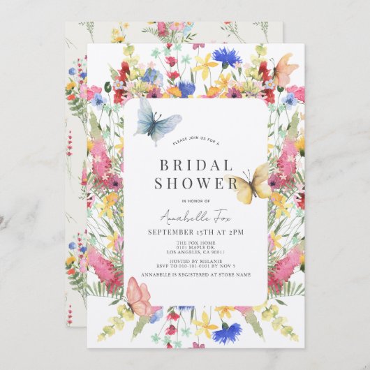 ワイルドフラワーブーケ&バタフライブライダルシャワー 招待状 (正面/裏面)