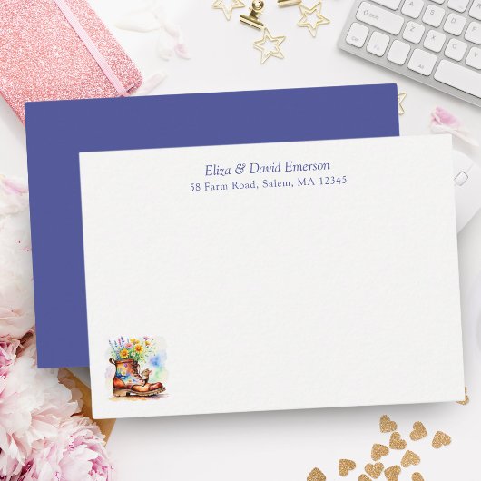 ワイルドフラワーブーツ付き水色マウス ノートカード