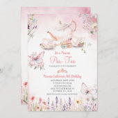 ワイルドフラワープリンセスパルティーピンクバタフライ誕生日 招待状 (正面/裏面)