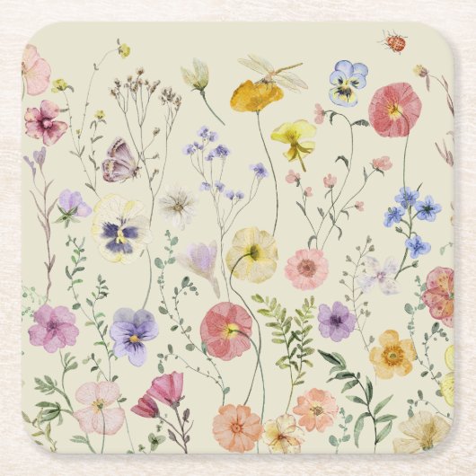 ワイルドフラワープレス花水彩フローラ スクエアペーパーコースター (正面)