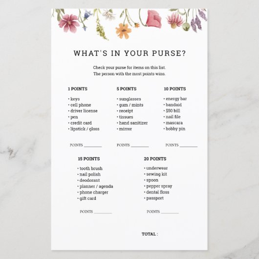 ワイルドフラワーベイビーシャワーあなたの財布のゲームの中にあるものを (正面)