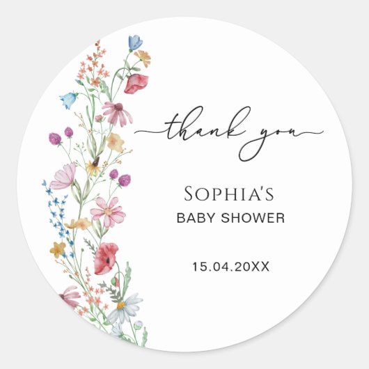 ワイルドフラワーベイビーシャワーありがとう ラウンドシール (正面)