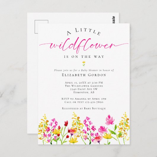 ワイルドフラワーベイビーシャワーの水彩フラワーピンクキュート ポストカード (正面/裏面)