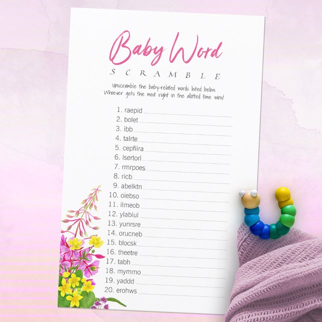 ワイルドフラワーベイビーシャワーベビー単語スクランブルゲーム (Wildflower Baby Shower Baby Word Scramble Game ©Susanne Sachers - Sunny Mind Design 🌞)