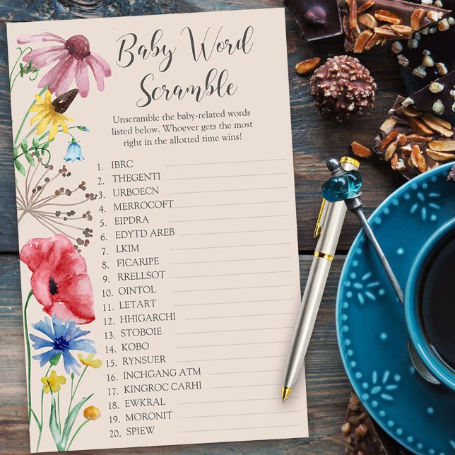 ワイルドフラワーベイビーシャワーベビー単語スクランブルゲーム (Baby Word Scramble Baby Shower Game from my Wildflower Charm collection)