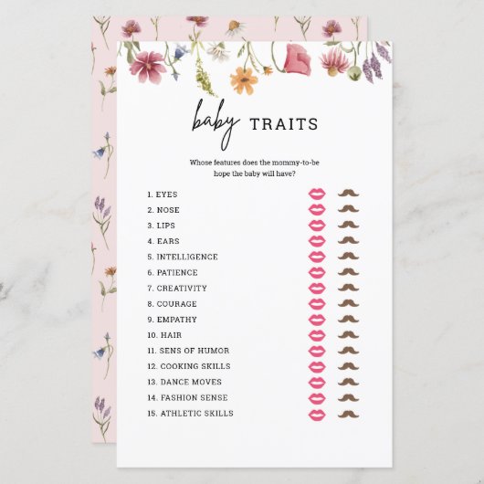 ワイルドフラワーベイビーシャワーベビー特徴ゲームカード (正面/裏面)