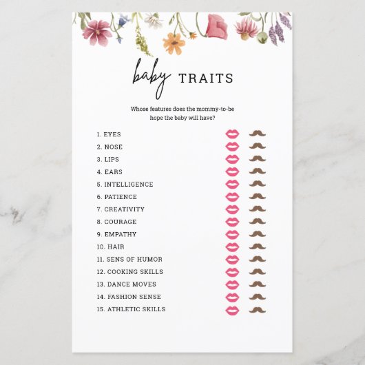 ワイルドフラワーベイビーシャワーベビー特徴ゲームカード (正面)