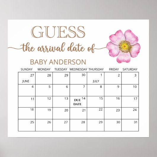 ワイルドフラワーベイビーシャワー推定期日カレンダー ポスター (正面)
