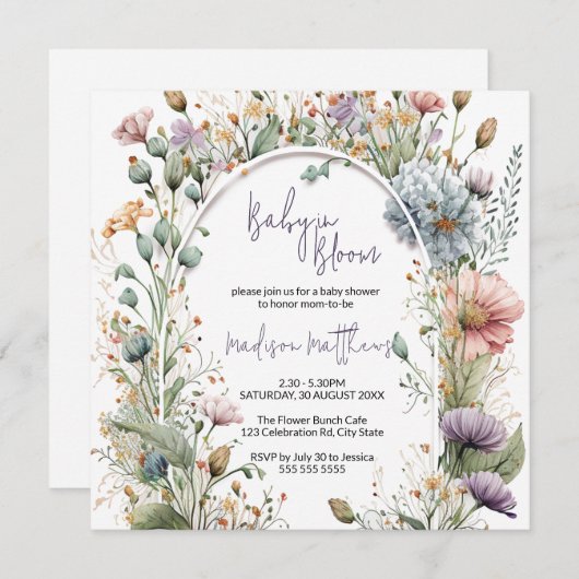 ワイルドフラワーベビーの開花水の色ベビーシャワー 招待状 (正面/裏面)
