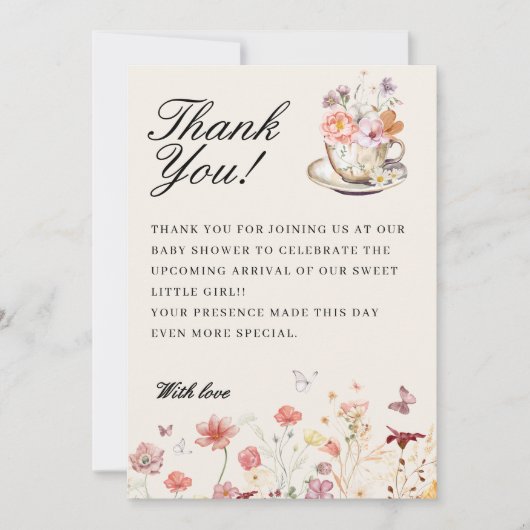 ワイルドフラワーベビーは紅茶のパーティーの赤ちゃんシャワーを醸造している サンキューカード (正面)