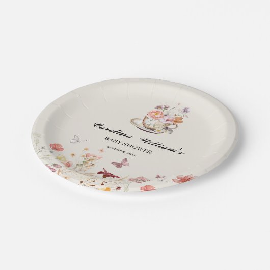 ワイルドフラワーベビーは紅茶のパーティーの赤ちゃんシャワーを醸造している ペーパープレート (アングル)