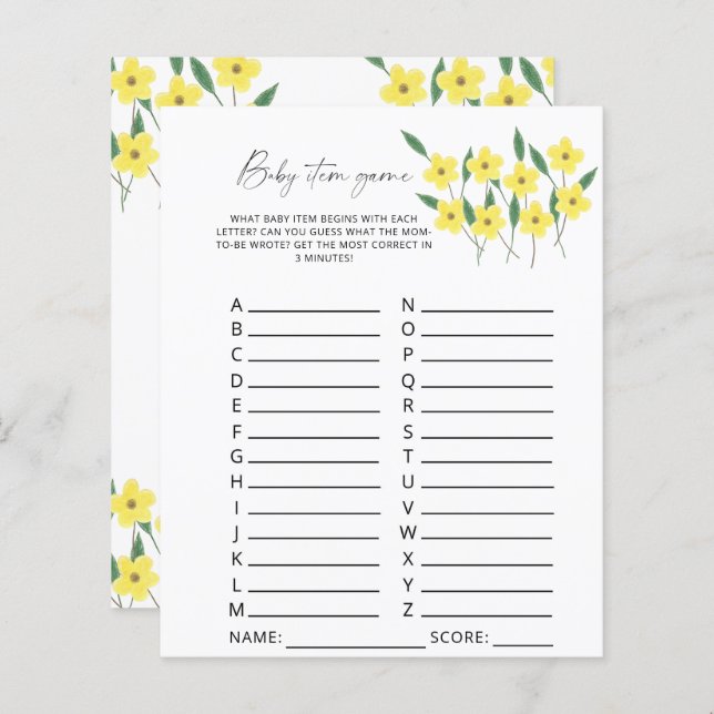 ワイルドフラワーベビーアイテムゲーム。赤ちゃんシャワーゲーム (正面/裏面)