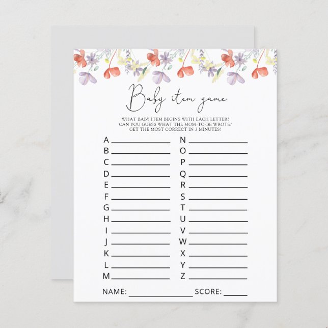 ワイルドフラワーベビーアイテムゲーム。赤ちゃんシャワーゲーム (正面/裏面)