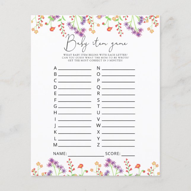 ワイルドフラワーベビーアイテムゲーム。赤ちゃんシャワーゲーム (正面)