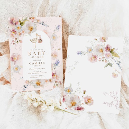ワイルドフラワーベビーイン開花ガールベビーシャワー 招待状