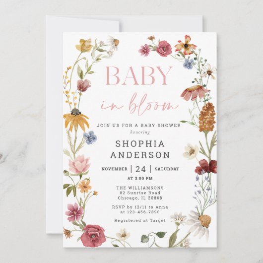ワイルドフラワーベビーイン開花ガールベビーシャワー 招待状 (正面)