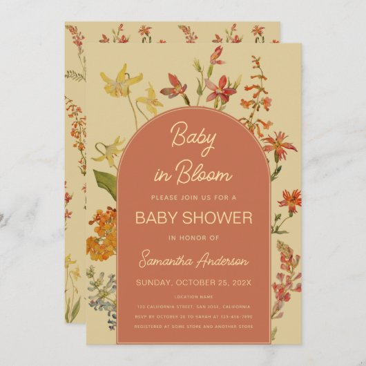 ワイルドフラワーベビーイン開花シャワーフローラアーチ 招待状 (正面/裏面)
