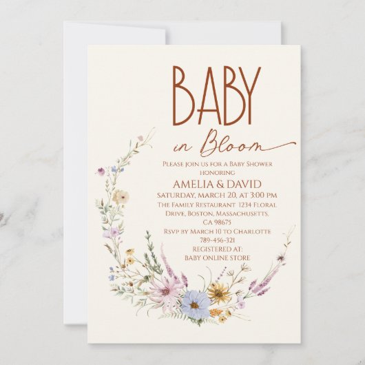 ワイルドフラワーベビーイン開花テラコッタベビーシャワー 招待状 (正面)