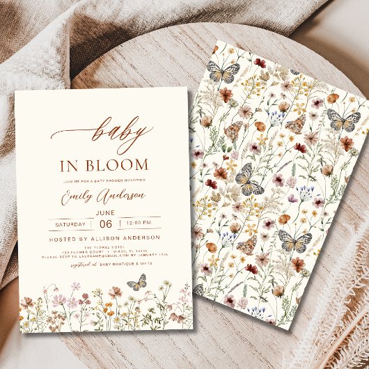 ワイルドフラワーベビーイン開花ベビーシャワーベージュ 招待状