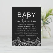 ワイルドフラワーベビーイン開花ベビーシャワー白黒 招待状 (スタンド正面)