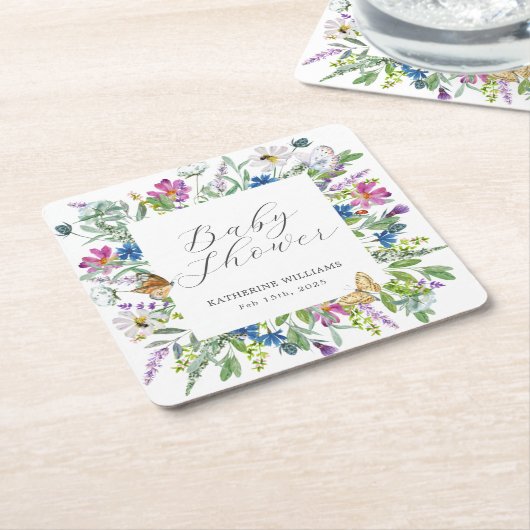 ワイルドフラワーベビーイン開花ベビーシャワー スクエアペーパーコースター (アングル)
