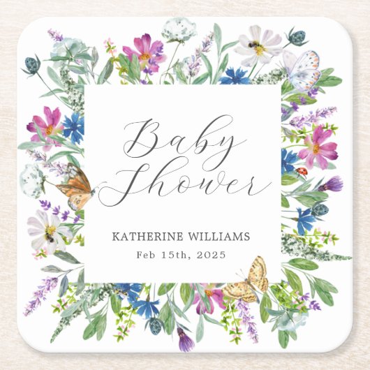 ワイルドフラワーベビーイン開花ベビーシャワー スクエアペーパーコースター (正面)
